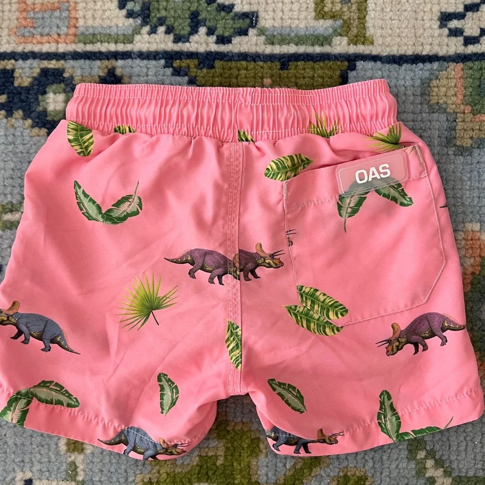 OAS Pink Dinosaur Print Kids Swim Trunks